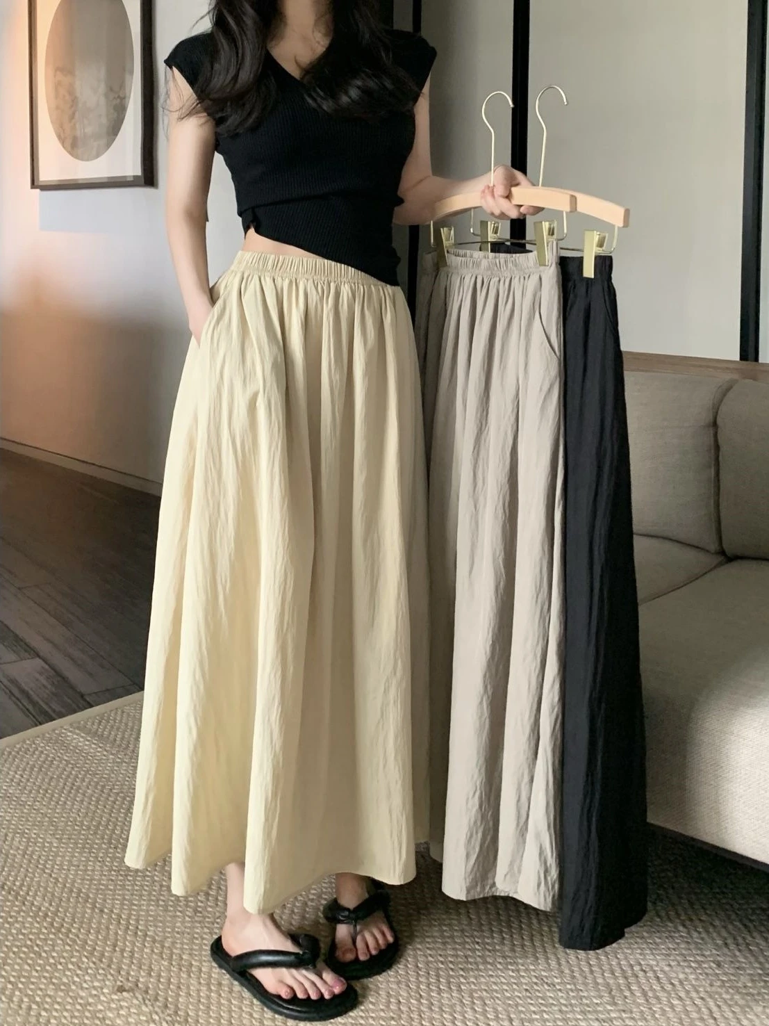 

plus Size A-Line Midi Skirt Women's Summer Loose Hiding Hip Slimming High Waist Pleated f-length Commute Korean Sle