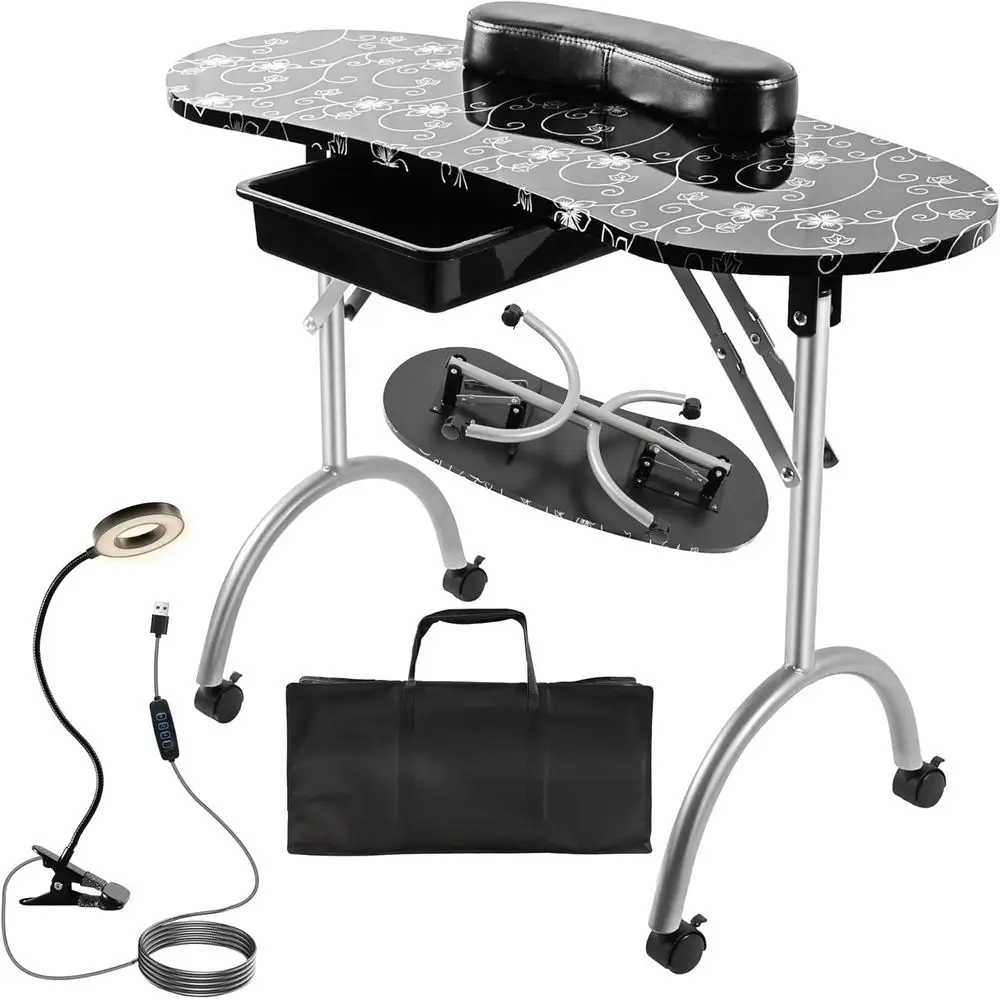 Mobile Manicure Table with LED Lamp, USB Charging, Wrist Rest, and Carry Bag for Home Spa or Salon (Black, 30 Height)