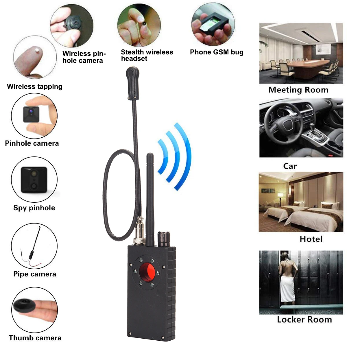 Multi-function Anti Spy RF Signal Detector GSM Listening Devices Finder WiFi Camera GPS Locator Lens Tracker Radar Radio Scanner