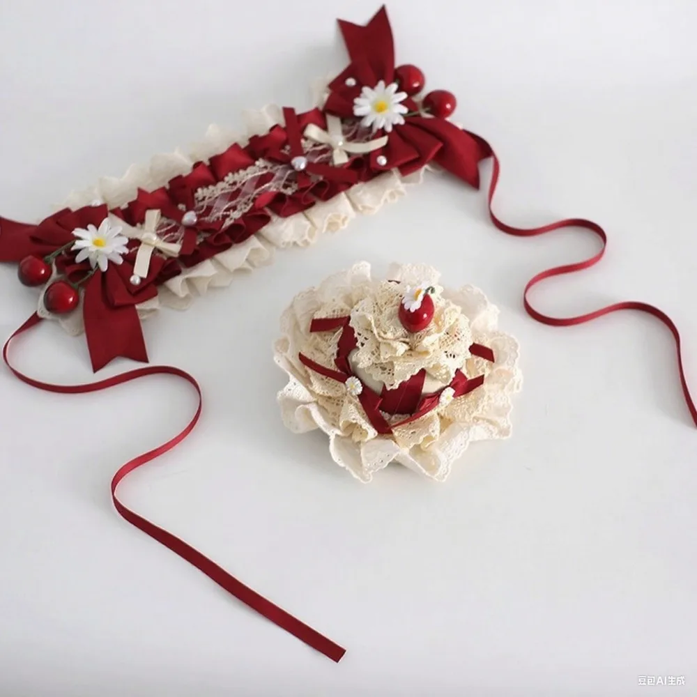 لوليتا الحلو تكدرت الدانتيل الانحناء أشرطة قبعات من القش الفتيات لطيف الكرز إكسسوارات الشعر النساء الفيكتوري الشاي حفلة أنيقة Headbands