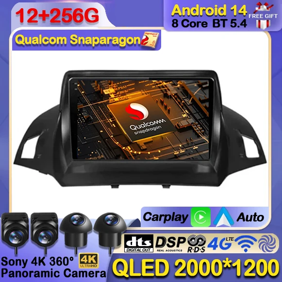 Android 14 Wireless CarPlay Auto For Ford Kuga Escape 2013 - 2016 Car Radio Multimedia Video Player GPS NAVI 4G WIFI 360 Camera