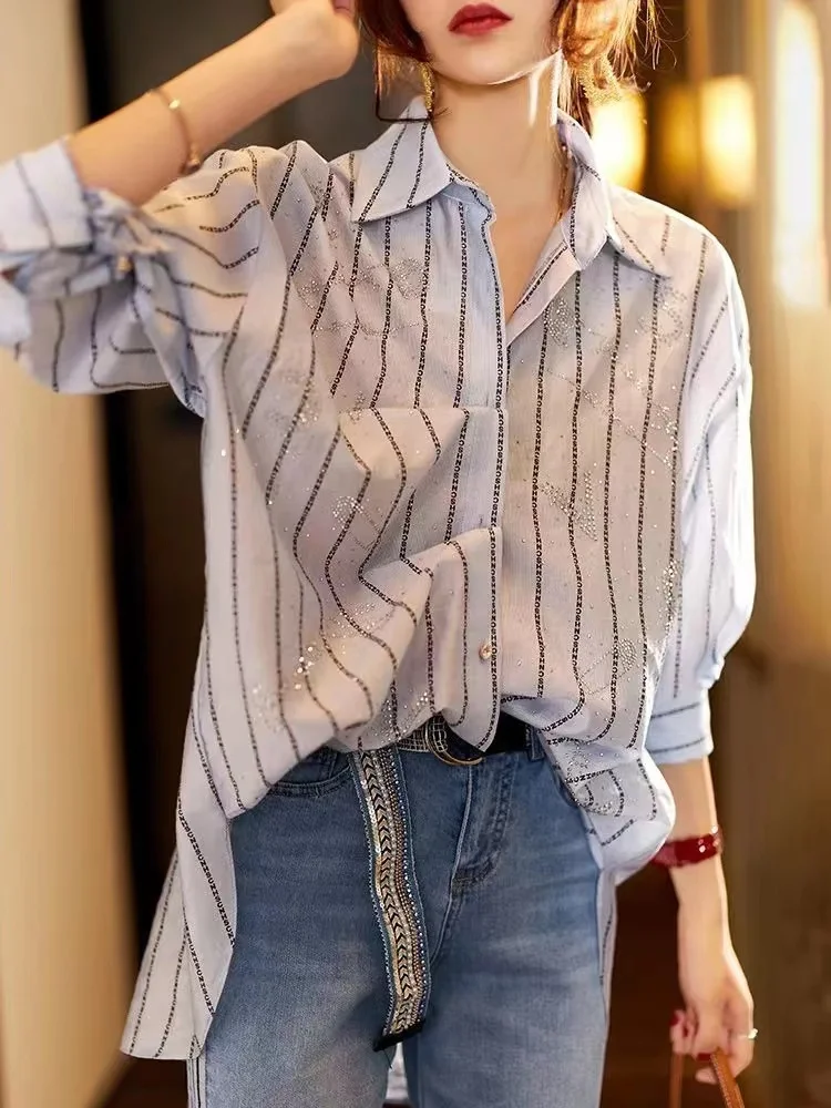 

Women's Striped Shirt Loose Fit Mid-Length Korean Style Long Sleeve Collar Button Detail Polyester Blend Summer Top