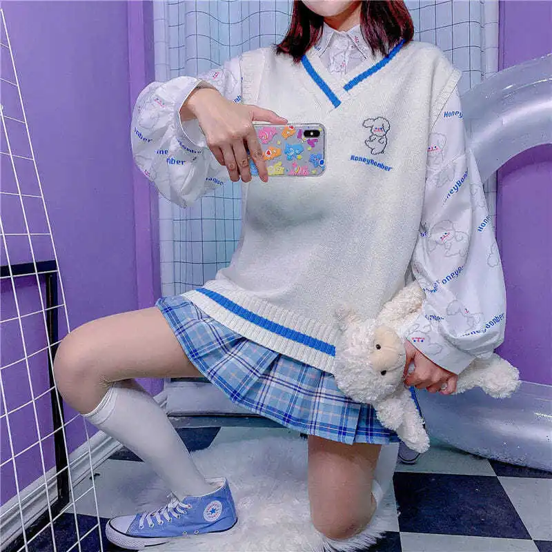 

Sweater Vest Women Kawaii V-Neck Knitting Sleeveless Basic Cartoon All-match Sweet Trendy Students Mujer Cute Teenagers Ulzzang