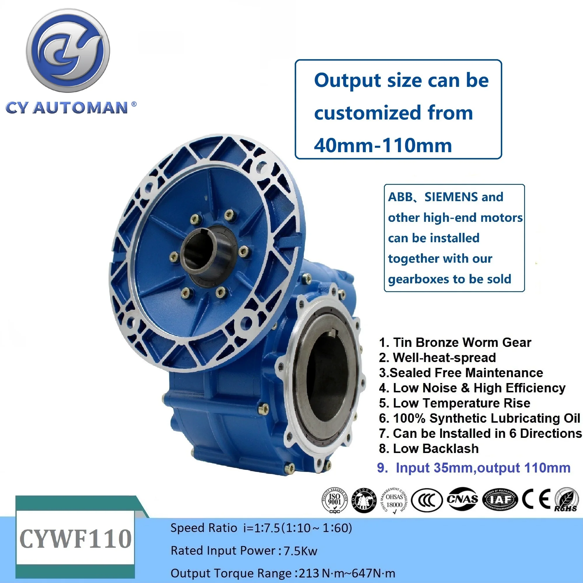 

CYAutoman Free Maintenance Worm Gearbox CYWF110 Input 35 Output 110mm Ratio7.5:1/100:1 for Boring machines