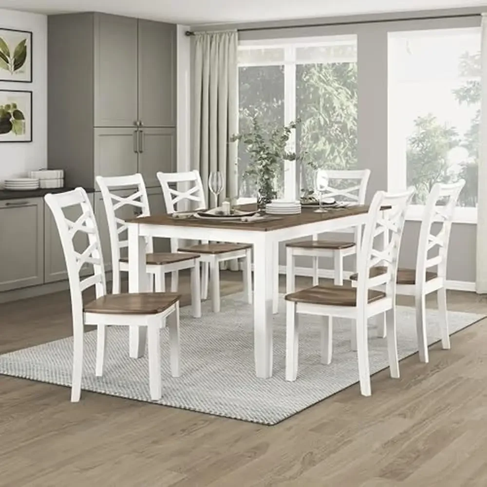 Farmhouse Dining Table Set 6-Piece Solid Wood Cross Back Chairs Ergonomic Support Cherry/White 60'' Rectangular Dinette Kit