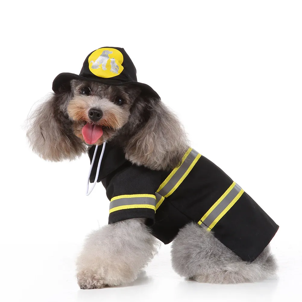 1Set Pet Christmas Costume Firefighter Uniform Design Dog Cat Puppy Warm Cozy Outfit Holiday Party Performance Wear Size Xl