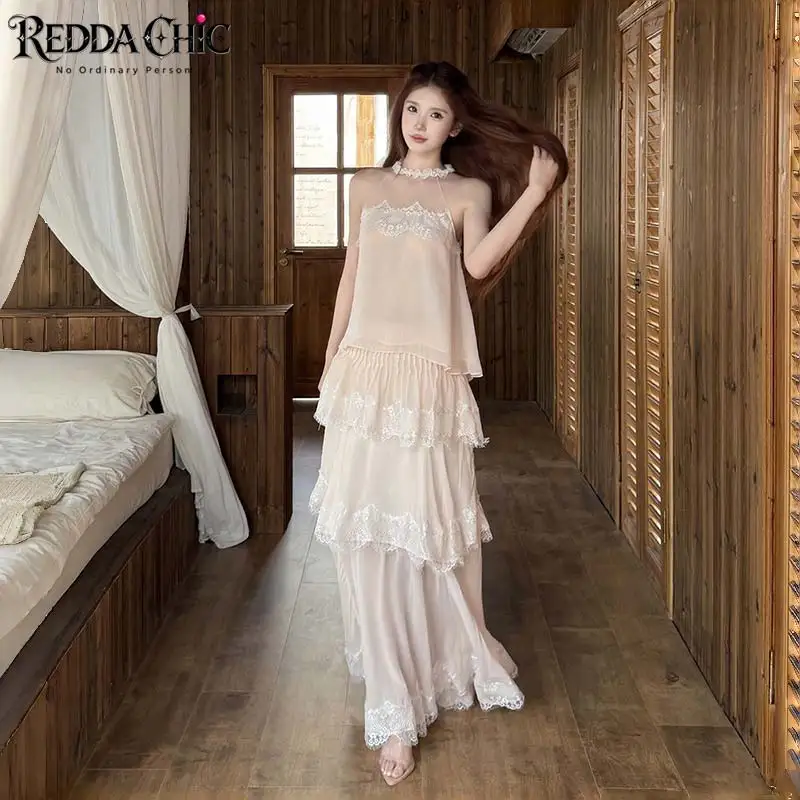 ReddaChic Women Top Ruffle Tiered Skirt Matching Set Wedding Guset Chiffon Pink Halter Top Fairy Maxi Swing Skirt Summer Clothes