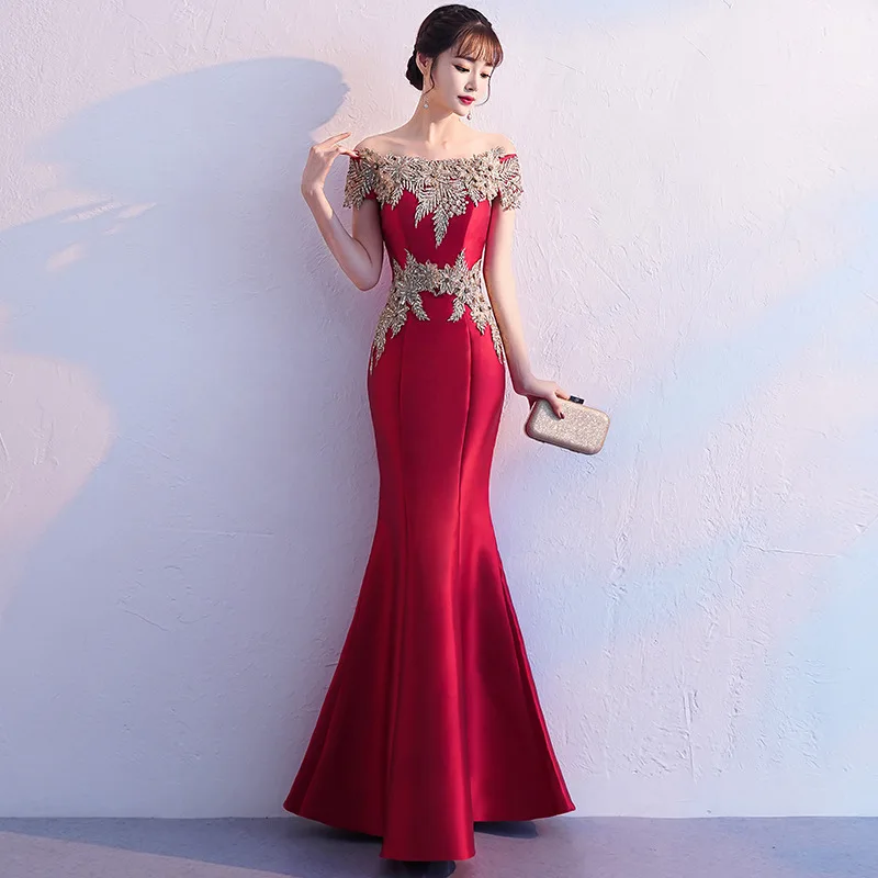 B2110 Abito da sposa personalizzato abito da brindisi sposa moda primavera vino rosso abito a coda di pesce monospalla