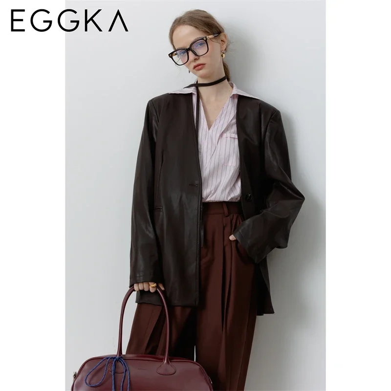 EGGKA Single Button V-neck Leather Jacket Loose PU Leather Jacket with Ribbon Women\'s Autumn Winter Retro Fashion Jacket Brown