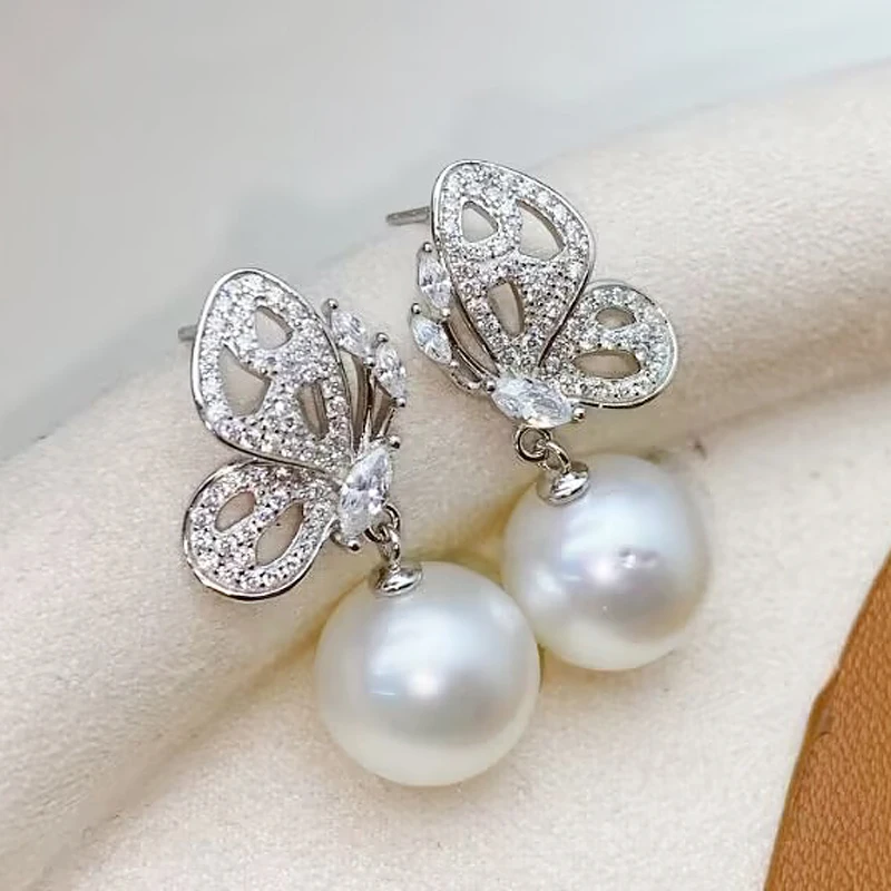 MeiBaPJ 11-12mm Natural Round Pearls Fashion Butterfly Drop Earrings 925 Silver Holder Empty Tray Fine Wedding Jewelry for Women