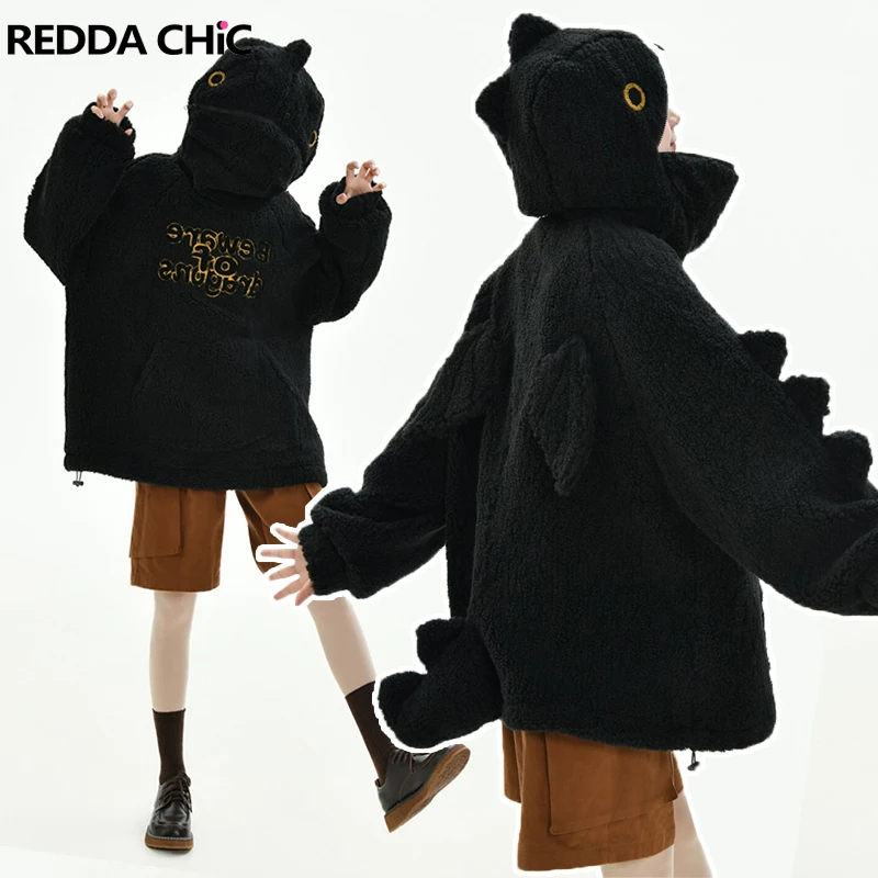 

ReddaChic Cartoon Dragon Sherpa Fleece Sweatshirt Women Pocket Zip-up Hooded Hoodies Loose Casual Top Chinesechic Y2k Pullover