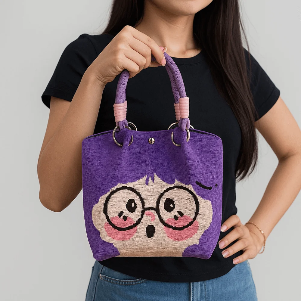 المحمولة القط محبوك حمل حقيبة مطبوعة الدب الكرتون محبوك حقيبة يد محفظة نسج الصوف دلو حقيبة أكياس التسوق
