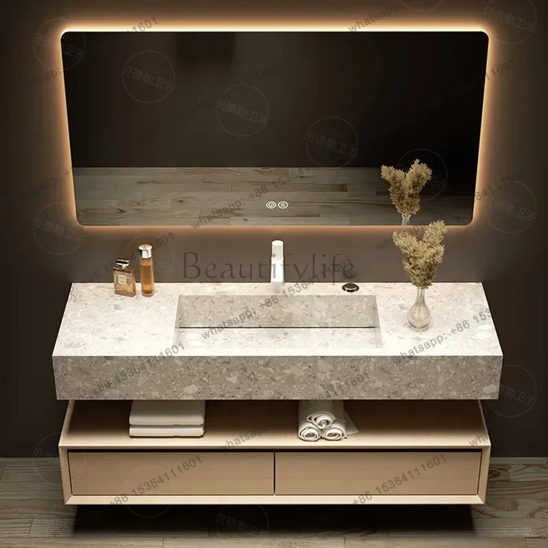 LJY Bathroom Cabinet Double Basin Slab Integrated Sink Modern Bathroom Washstand Basin Cabinet Storage Drawers Bathroom Furnitur