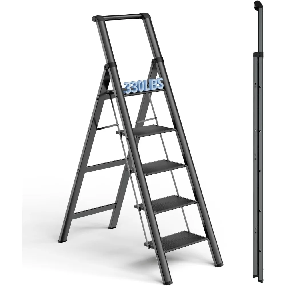 

5 Step Ladder with Anti-Slip Aluminum Pedal, Folding Ladder for Home with Handrails, Lightweight and Sturdy, Reach 9 ft for Kit