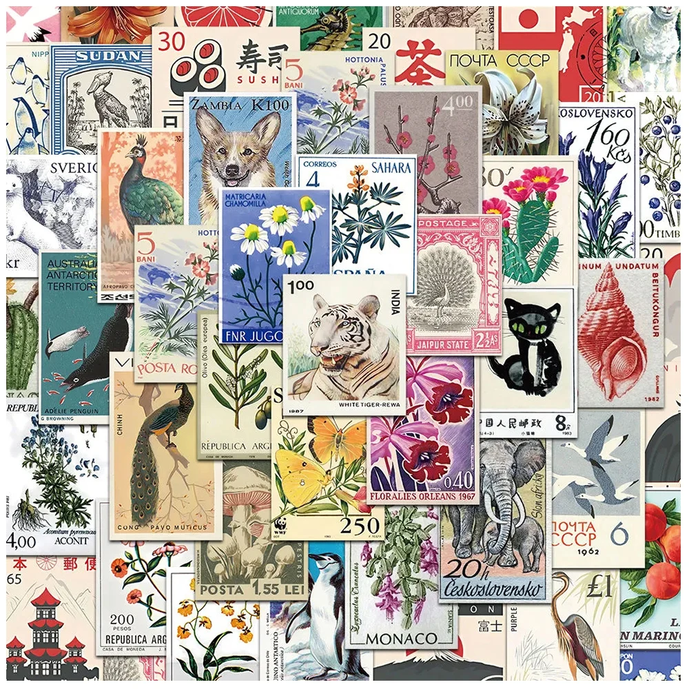 10/30/50pcs Japanese Style Aesthetic Stamp Stickers Vintage Art Decals for Motorcycle Helmet Notebook Cool Cartoon Sticker Decor