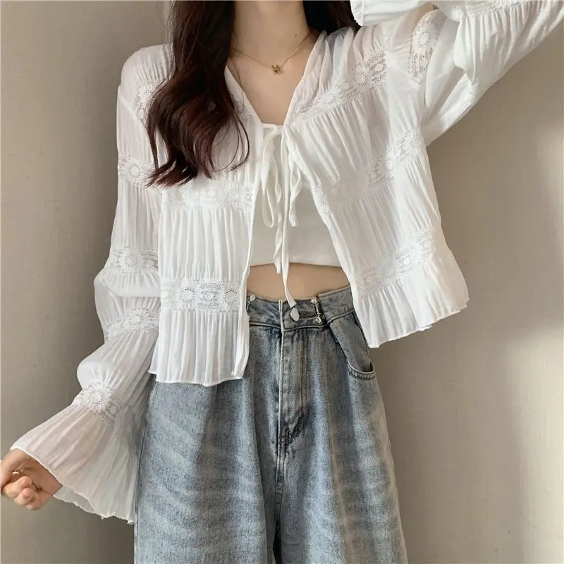 Fairy Style Solid Cardigan Women Summer New Long Sleeve Sunscreen Sweet V-neck Basics Loose Chiffon Cardigan