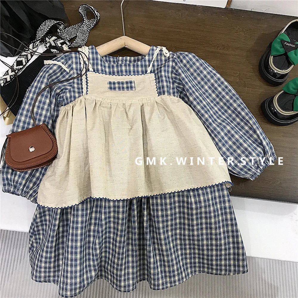 

Girls Dress Spring and Autumn New Style Forest Style Plaid Long Skirt Western Cover Up French Style Temperament