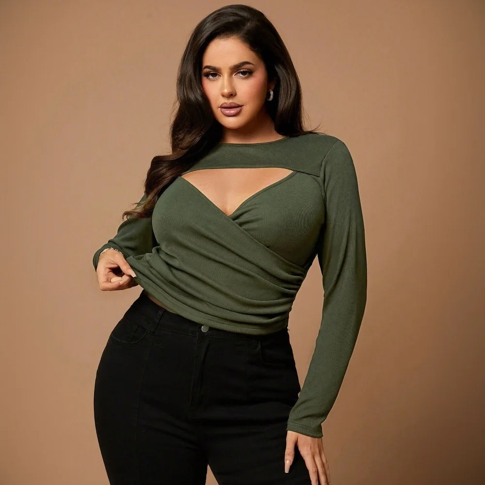 Women's Deep V Neck Elegant Design Slim T Shirts Military Green Long Sleeve Solid T Shirt Spring Summer Tops