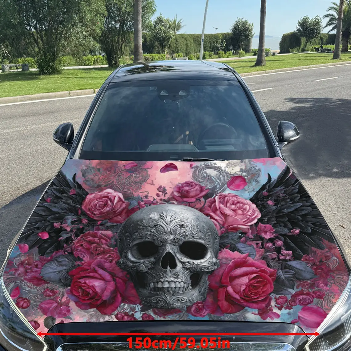 Pink Flower - Cluster Skull Print car hood stickers, waterproof self-adhesive, scratch resistant, easy to stick, durable car PVC