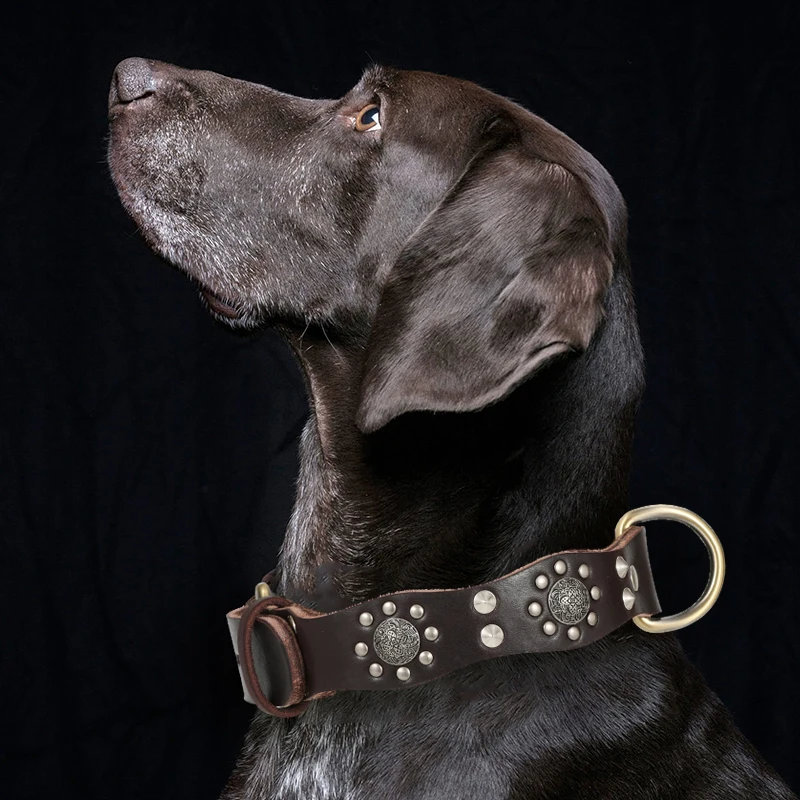 Retro Genuine Leather Pet Collar For Medium Dogs Spiked Studded Dog Collar Anti-bite Pet Necklace For Border Collie Labrador