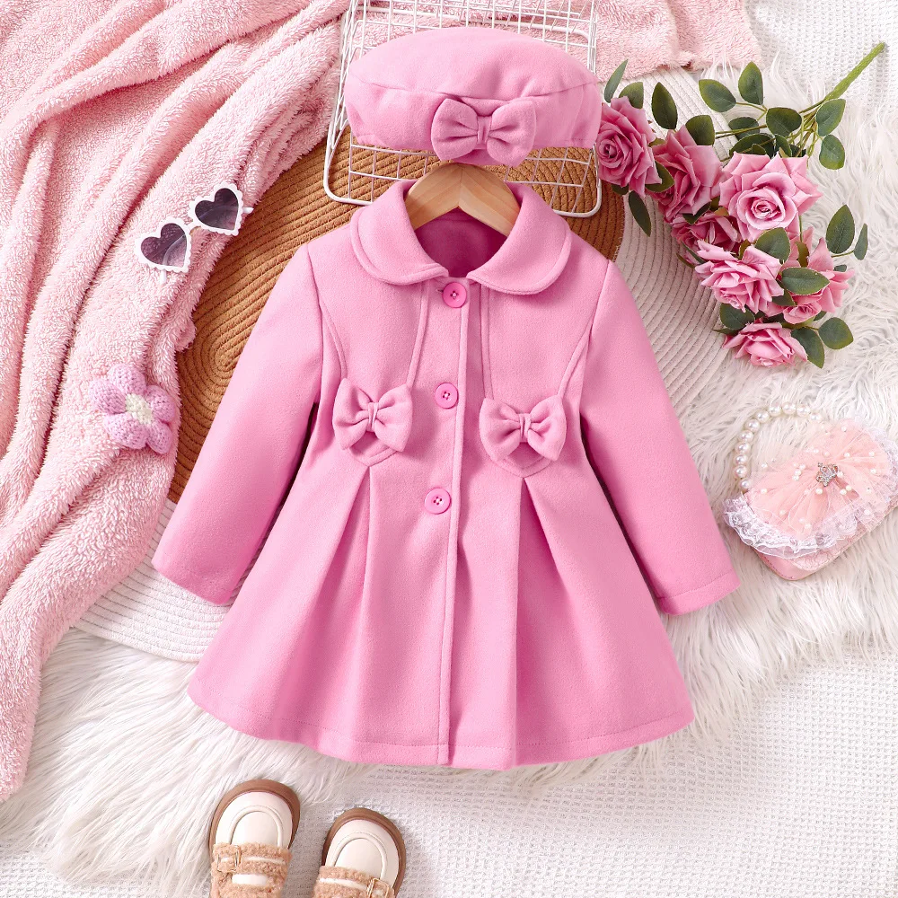 2024 Winter New Girls Long Sleeve Turn-down Collar Bow Pink Cute Designer Girls Princess Dress Vestido 2-7T