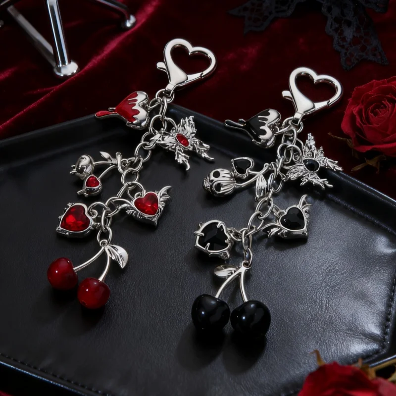 Pretty Cherry Heart Butterfly Enamel Keychain Y2k Neo-Gothic Plant Love Key Ring For Women Girls Good Gift Handmade Jewelry
