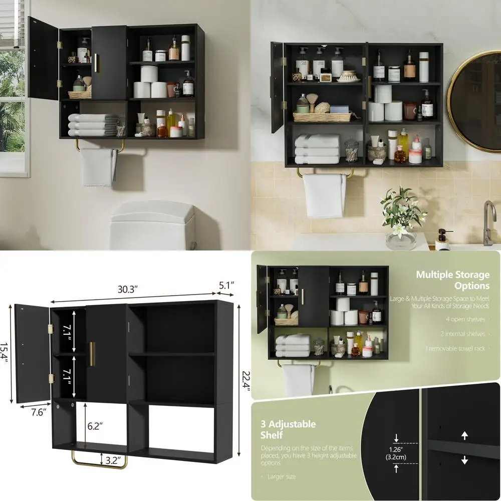 

Bathroom Wall Cabinet Wood Large Wall Mounted Medicine Cabinet with 2 Doors and 4 Open Shelves Over Toilet Storage Cabinet Organ