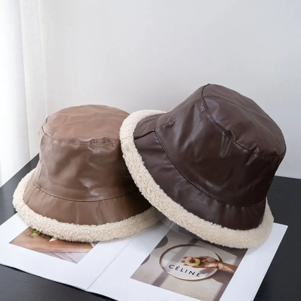 

PU Leather Patchwork Hat New Fashion 4 Colors Basin Hat Retro Trendy Hat Outdoor Warm Hat