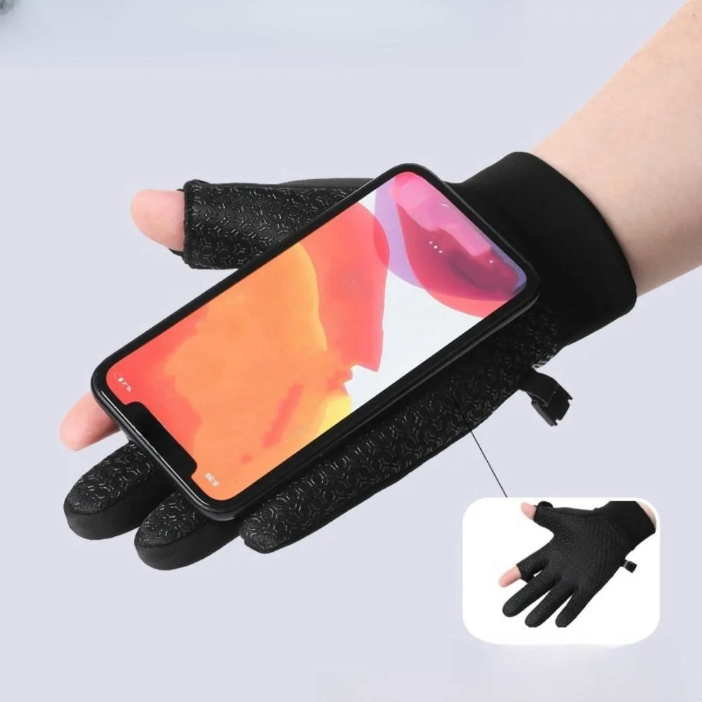 Convenient Solid Color Fingerless Gloves Men Clamshell-type Warm Fishing Gloves Fleece-lined Mittens Touch Screen Gloves Fishing