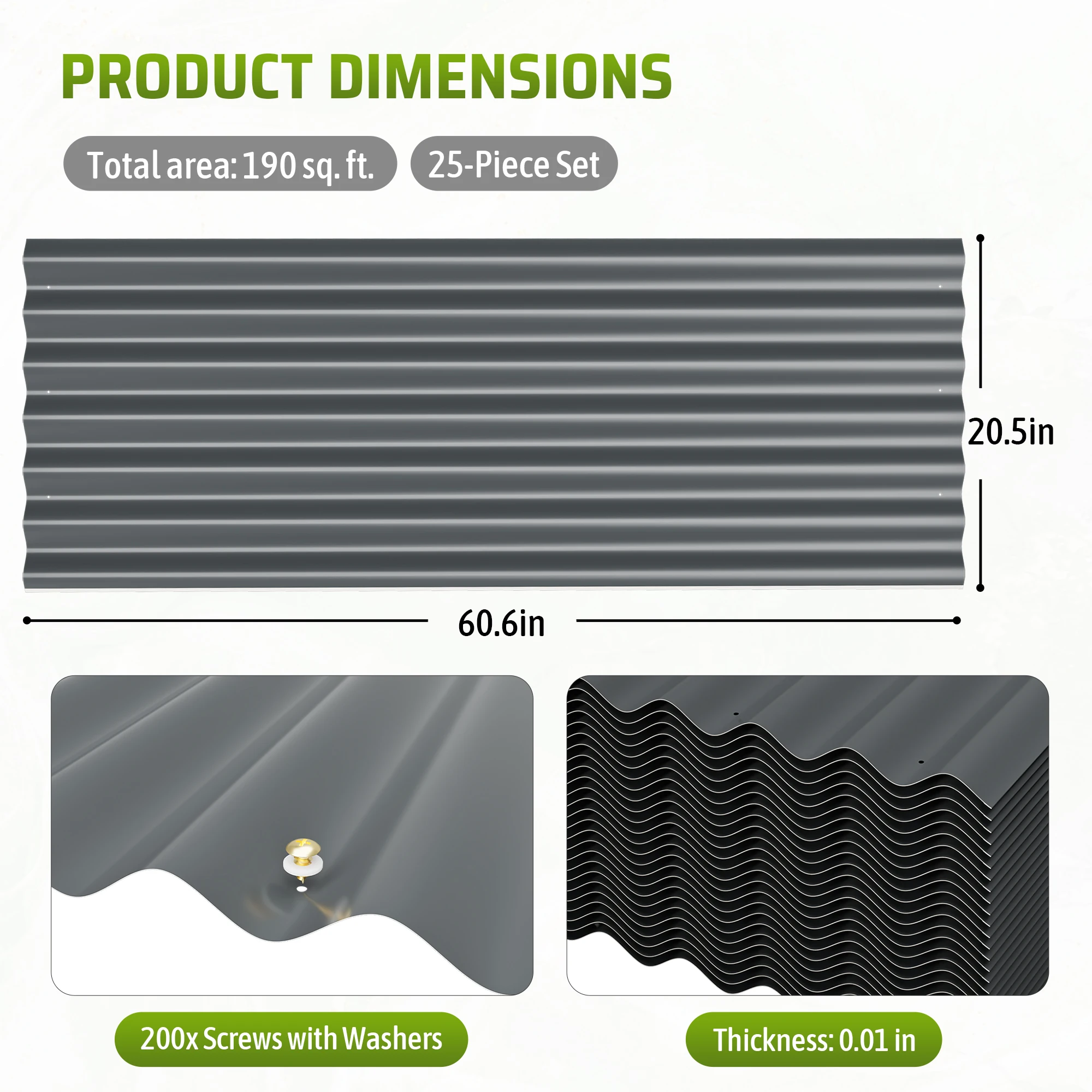 61'×21'  Heavy-Duty Gray Galvanized Steel Roofing Sheets, 25 Pack Sturdy Corrugated Metal Panels, Rust-Proof Galvanized Steel Construction with Install Fasteners, for Outdoor Storage Shed, Carport and Farm Buildings