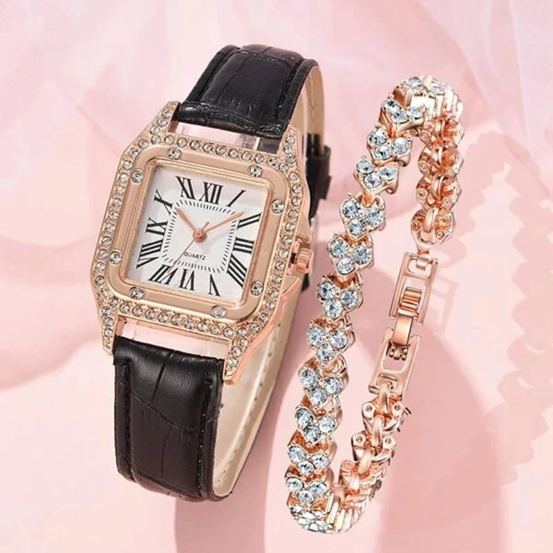 

Кварцевые часы с круглым указателем, 1 шт. и 1 шт., браслет со стразами, женские часы, подарочный набор ювелирных изделий