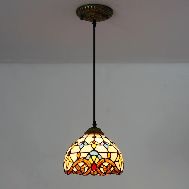 Vintage Tiffany pendant light ceiling hanging light fixture stained glass shade baroque design Dia 8