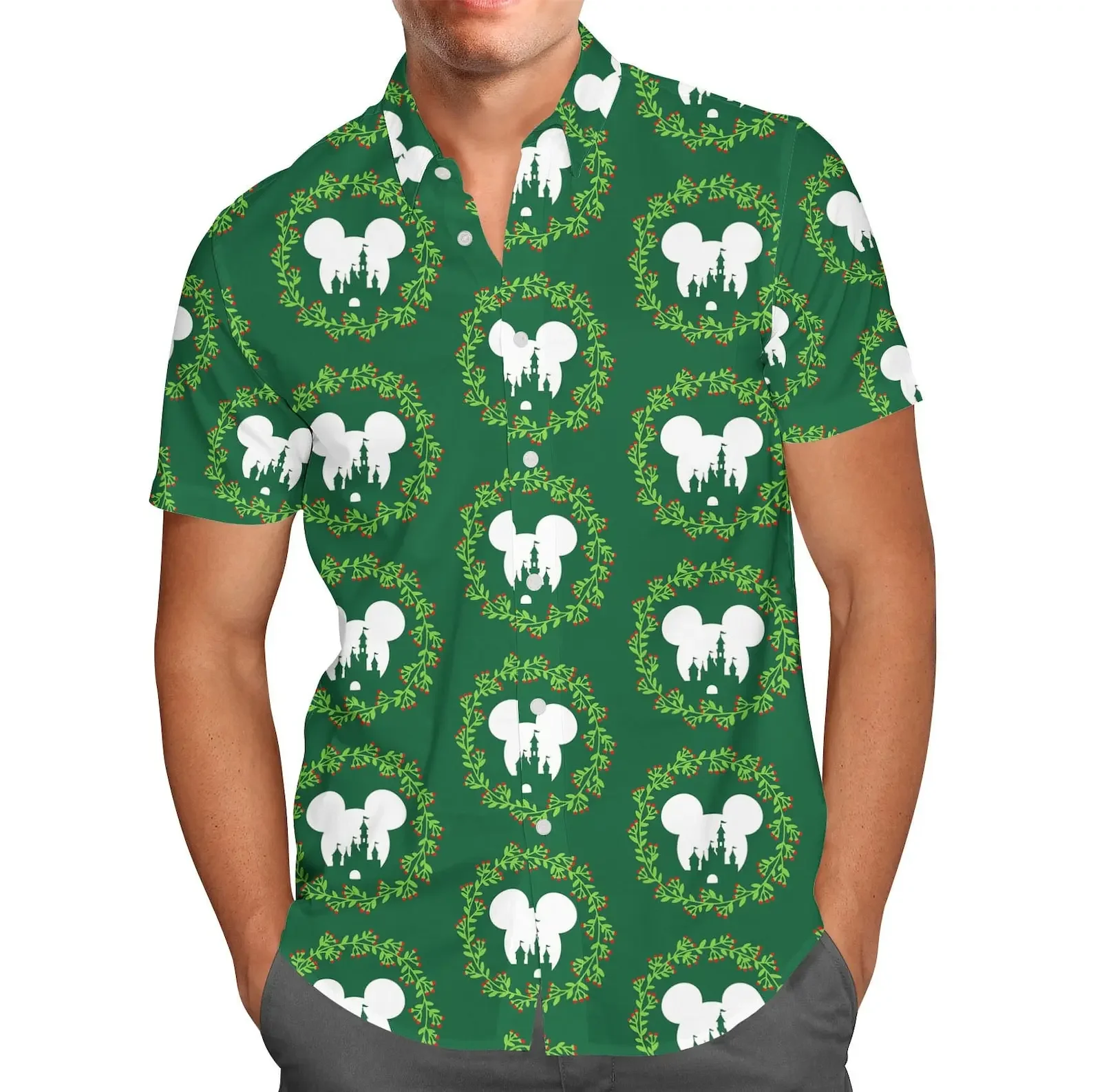 Castelo da Disney masculina camisa havaiana, camisa de manga curta de botão, moda praia