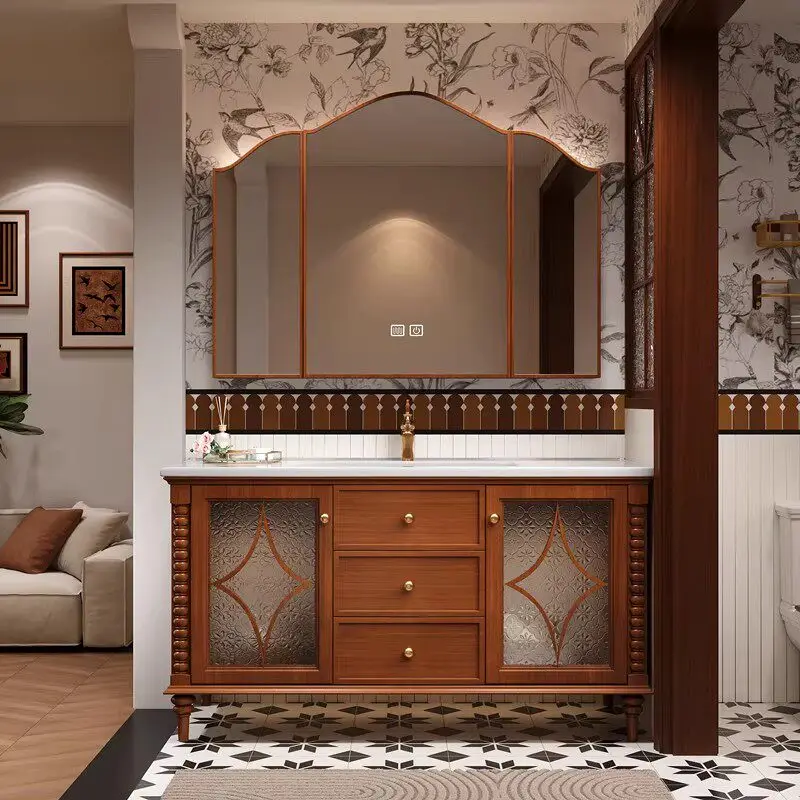 Medieval style floor-to-ceiling bathroom cabinet combination ceramic integrated basin bathroom cabinet solid wood washing table