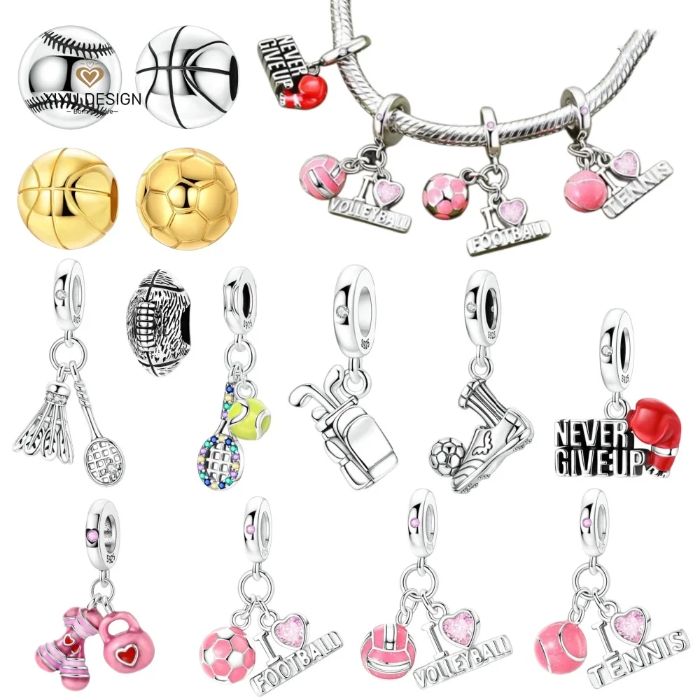 925Sterling Silver Sport Charm Basketball Football Badminton Boxing Bead Pendant Fit DIY Bracelet Jewelry Making for Women Gift
