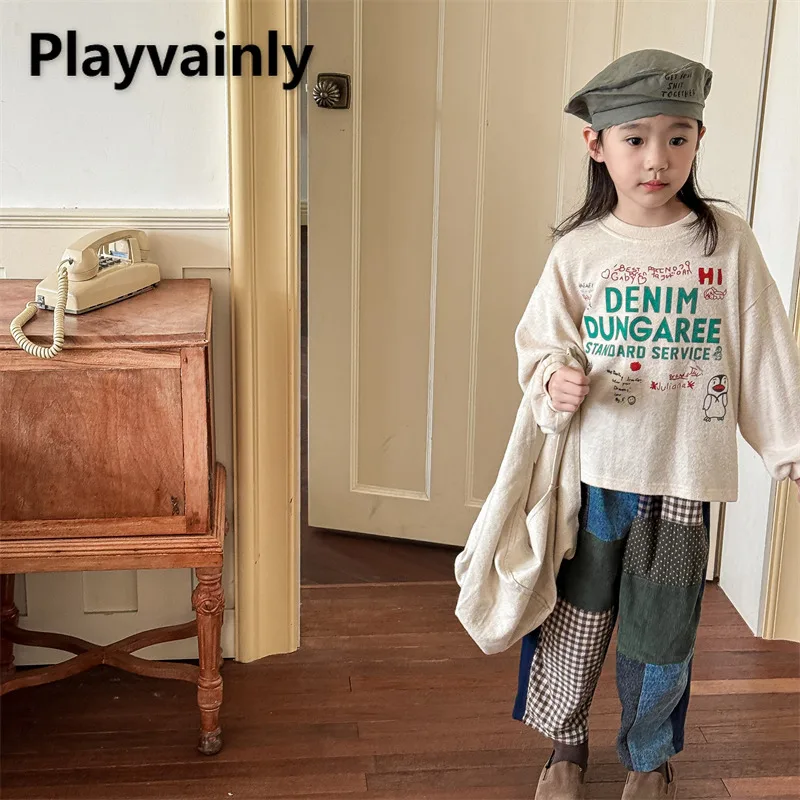 2025 nueva primavera otoño niños camisa básica Beige gris estampado de letras cuello redondo manga larga camiseta niño niña Casual Tops A5576