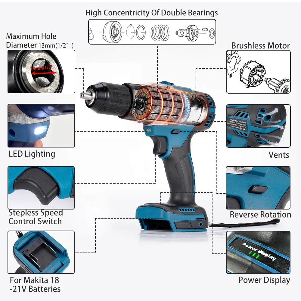 Brushless Electric Impact Drill 3 in 1 Electric Screwdriver with Handle Hammer Power Driver For Makita 18V Battery (No Battery)