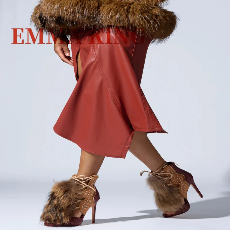 المفتوحة تو Strappy الفراء المرأة الصنادل التطريز تصميم عودة البريدي صنادل عالية الكعب الصيف موضة الكاحل عالية رمح المدرج الصنادل