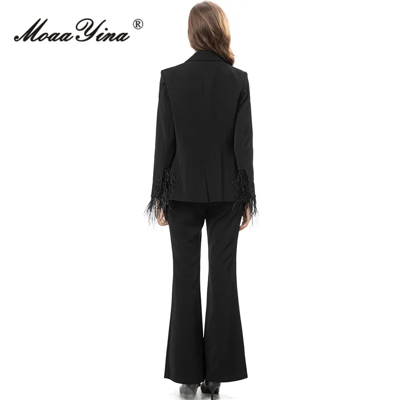 MoaaYina Autumn Fashion Designer Black Temperament Pants Set Women's Lapel Tassels Slim Suit Coat+Straight Trousers 2 Piece Set