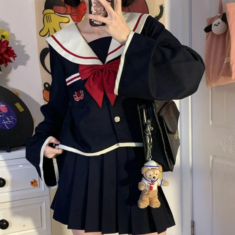 Jk เครื่องแบบชุดกะลาสีสีน้ําเงินเข้มชุดญี่ปุ่นกลางโรงเรียนสไตล์ชุดนักเรียน COS เครื่องแต่งกายสําหรับผู้หญิงแขนยาวอะนิเมะ