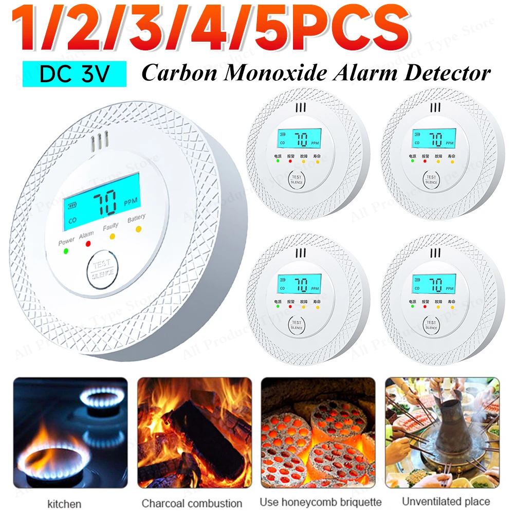 1-5PCS Independent CO Alarm Sensor Carbon Monoxide Alarm Detector 85dB High Sensitive Warning LCD Display for Home Depot