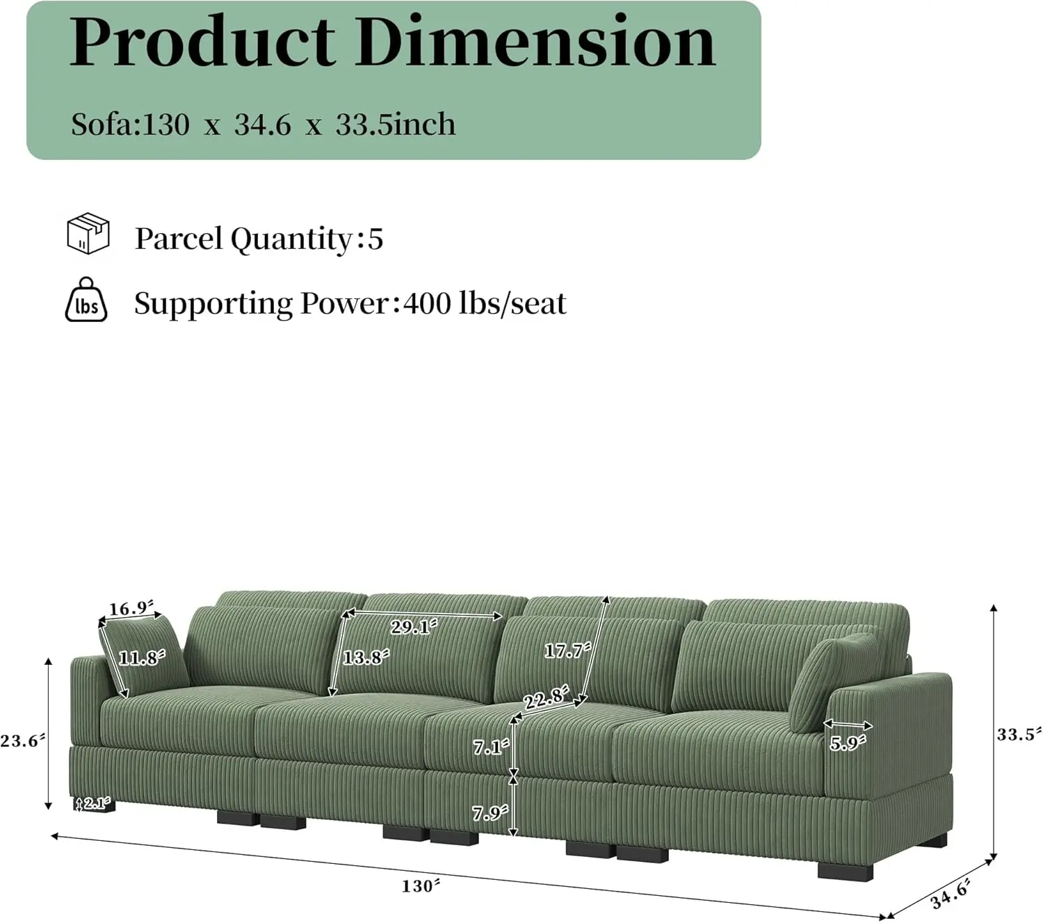 130 Inch Sectional Couches For Living Room,4 Seater Lounge Sofa With 6 Pillows,Extra Comfy Corduroy Sectional Couch With