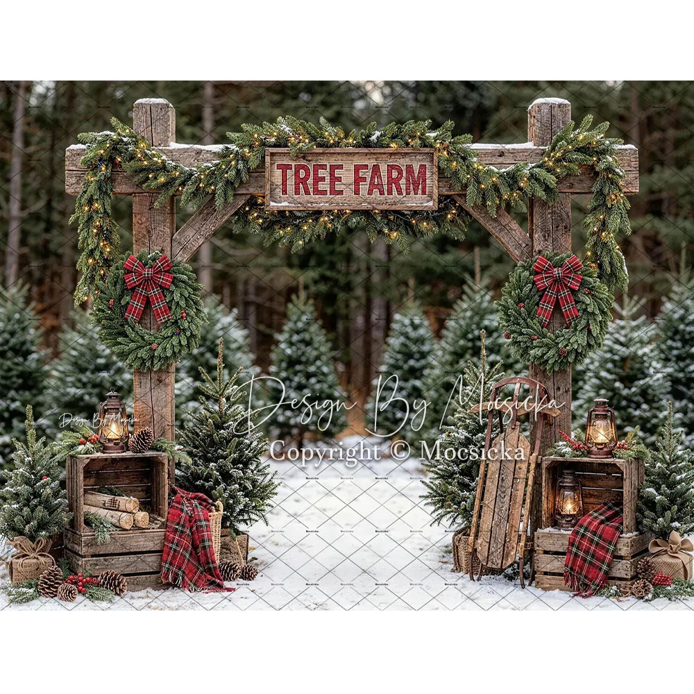 Mocsicka Backdrop Photography Christmas North Pole Sleigh Village Tree Farm Carousel Arch Background Winter Kids Photo Studio