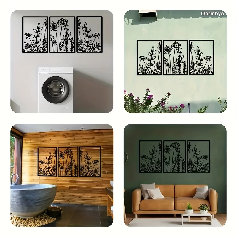 CIFBUY 3pcs Black Metal Wall Art Set Minimalist Floral Decor Abstract Iron Hanging Picture Aesthetic Bedroom Living Room Home De