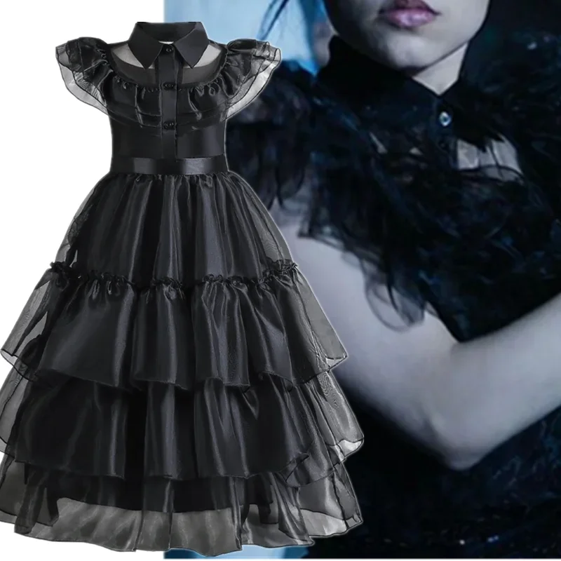 Girl Wednesday Costume Kids Addams Cosplay Black Princess Dress Child Pageant Dinner Dress Girls Halloween Party Dancing Clothes