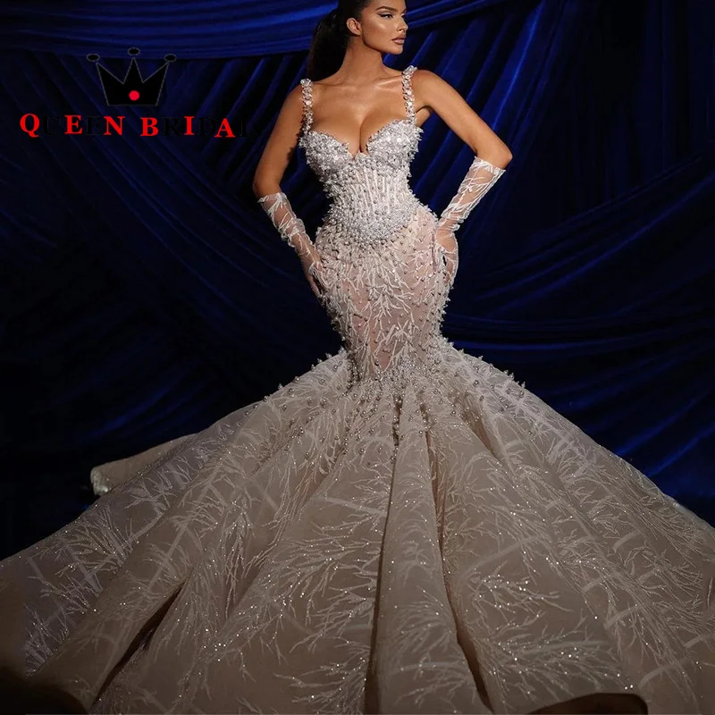 Vestidos De Novia De sirena con tirantes finos, sexys, De lujo, con encaje, perlas y lentejuelas, personalizados, L21WM, 2023