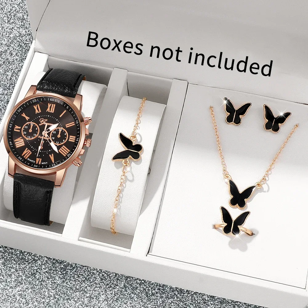 Fashion Women Quartz Watch 5 In 1 Jewelry Set Black Butterfly Necklace Earring Ring Bracelet Leather Wrist Watch for Women Gift