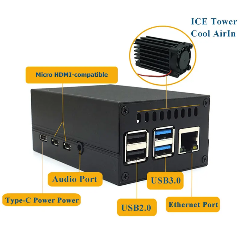 Mini sistema de refrigeración de torre de hielo con carcasa de aluminio para Raspberry Pi 4, ventilador de refrigeración silencioso de 25mm, Kit de disipador térmico para Raspberry Pi 4 Modelo B