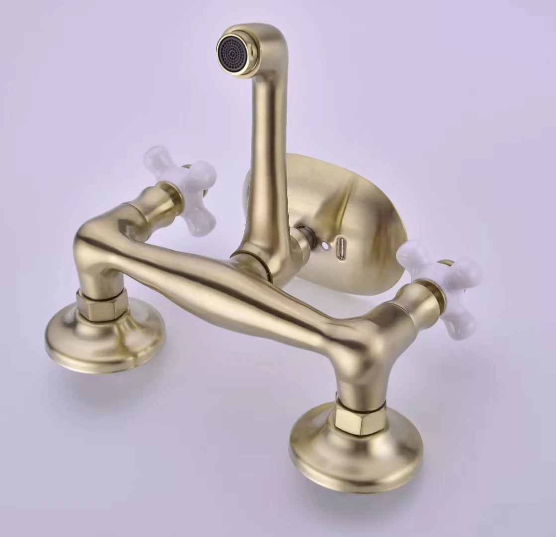 Brass Brushed Gold Bathroom sink faucet High Quality Wall Mounted Hot Cold Water Basin mixer Tap Luxury 2 Handle with Soap dish