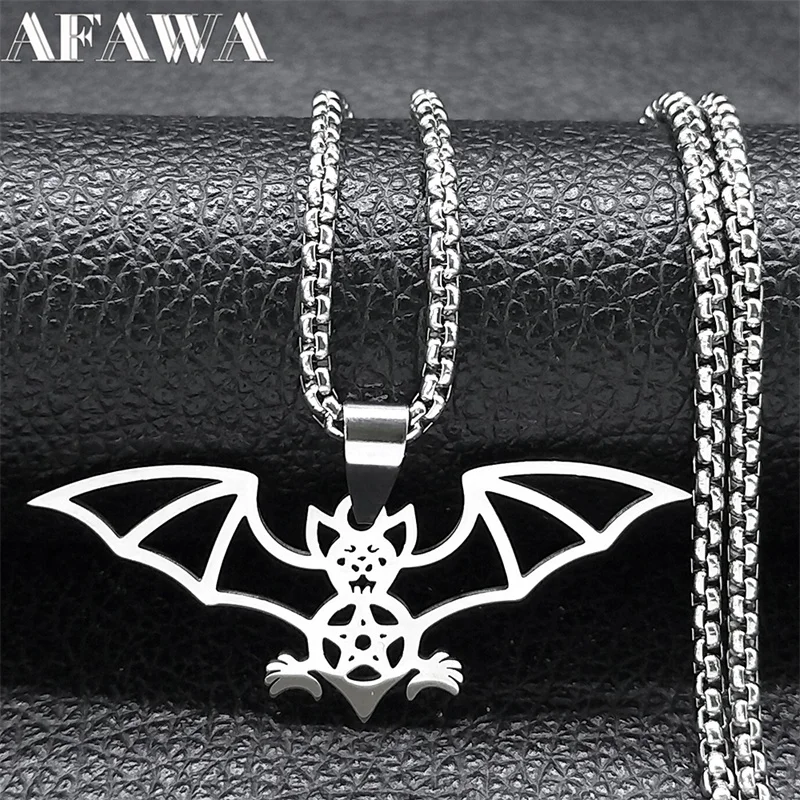 Goth Bat Pentagram Necklace for Women Men Stainless Steel Silver Color Pagan Animal Chain Necklaces Gift Jewelry collar N9735S02